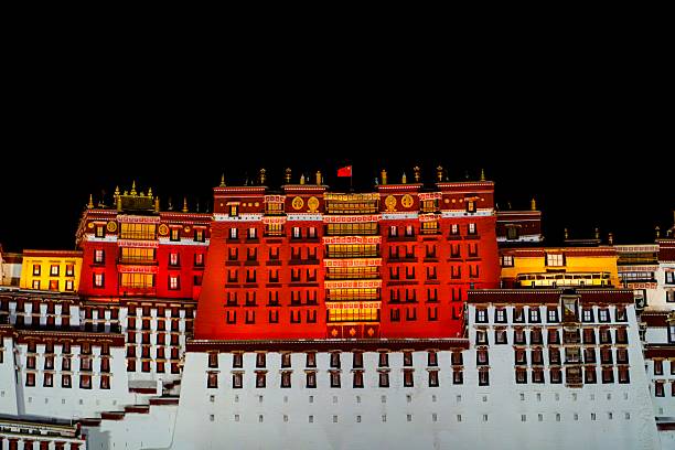 The Potala Palace, illuminated by vibrant lights at night, showcasing its historic architecture in Xizang(Tibet), China