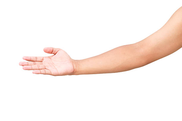 istock Isolated human arm extending with open hand on white, perfect for graphic design 2219427579