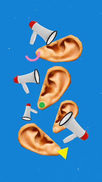 istock Contemporary art collage. Many ears in different positions with multiple megaphones aiming toward them, symbolizing informational pressure 2219427963