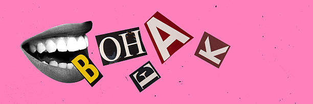 istock Banner. Creative collage. Bright pink backdrop where large grayscale mouth spits out cut-out letters like notes. Symbol of free speech or chaotic communication 2219427964