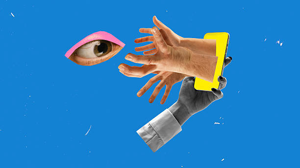 istock Abstract art design. Blue background composition with pink-eyed gaze observing hands emerging from phone screen. Metaphor for interactive grasp and digital entanglement 2219427965