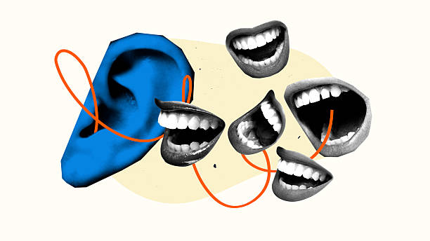 istock Creative art collage. Giant blue-tinted ear entangled in orange line linking it with laughing and shouting mouths, symbolizing noisy discourse and need to be heard 2219427967