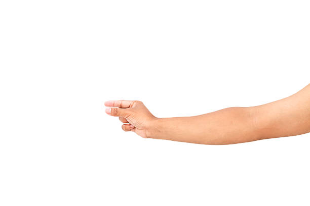 istock Human hand holding something imaginary isolated on white, ready to add object 2219428195