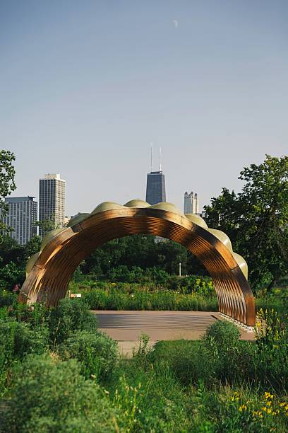 istock Wooden arch in Chicago park with skyline. 2219429981