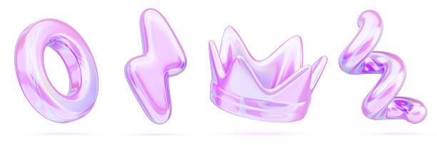 istock 3d liquid holographic y2k abstract shapes set. Retro futuristic design elements, crown, lightning bolt, spiral line, circle ring with bright pink chrome gradient, isolated render icon 2219434800