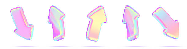istock 3d holographic y2k arrow cursor icon render. Rainbow mouse pointer set in neon gradient colors for click. Bright pink blue yellow direction sign for web interface or game ui design 2219434801