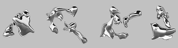 Liquid chrome metal splashes 3d set in y2k style. Abstract silver fluid shapes, mercury drops, futuristic aesthetic wave blobs. Curve steel from explosion isolated on gray background. 3D illustration