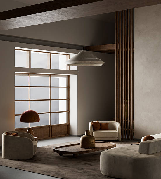 istock Modern minimalist living room with earthy elegance. 3D illustration 2219436822