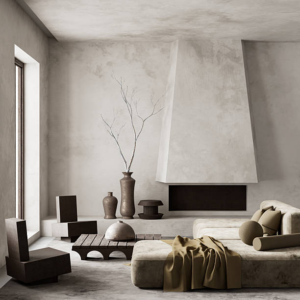 istock Brutalist living room with sculptural forms and earthy minimalism. 3D illustration 2219436825
