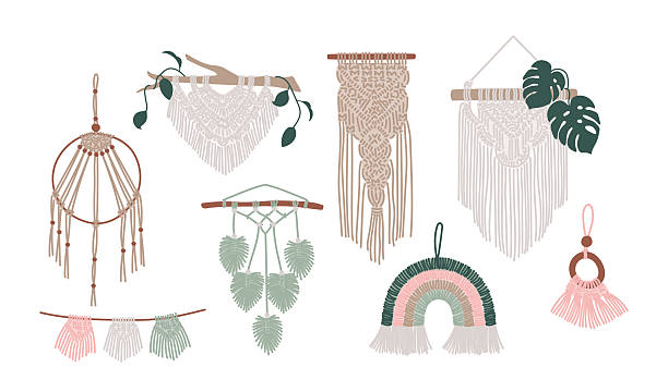 istock Handcrafted macrame home wall hanging decoration isolated set for hygge craft boho style design 2219437127