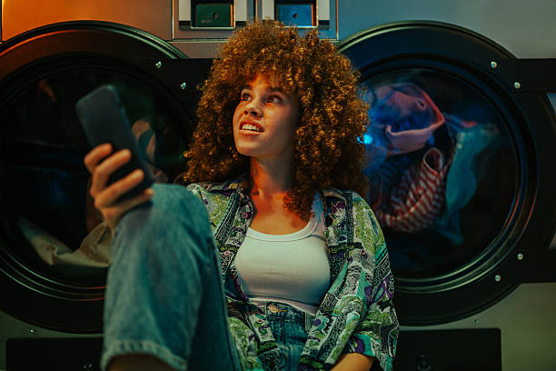 Composite photo collage of happy pouted lips girl housewife carry basin clothes laundry day washing machine isolated on painted background.