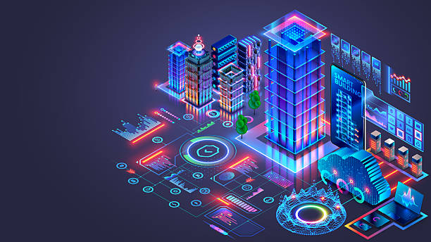 bildbanksillustrationer, clip art samt tecknat material och ikoner med development architecture ai computer systems of smart building. smart house system programming software. engineering development of building construction, communication, electricity with ai controls. - sakernas internet