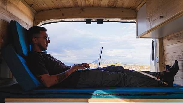 istock Freelancer working remotely on laptop in camper van at gorafe, spain 2219442113