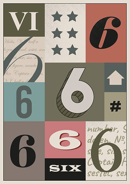 Multi colored numeral 6. A3 bold vintage poster design. Single number 6 vector typography. Letterpress wall art or interior decor.
