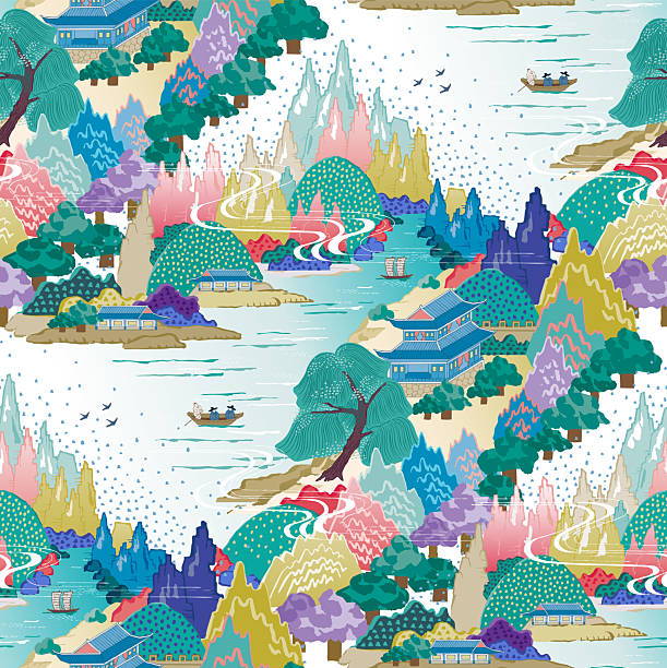 Modern Korean Mountain and River Landscape Vector Illustration.