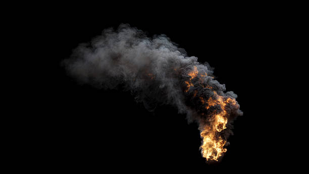 istock Isolated Fire with large high Flames and dense Smoke burning regularly with a strong side Wind on black 2219456424