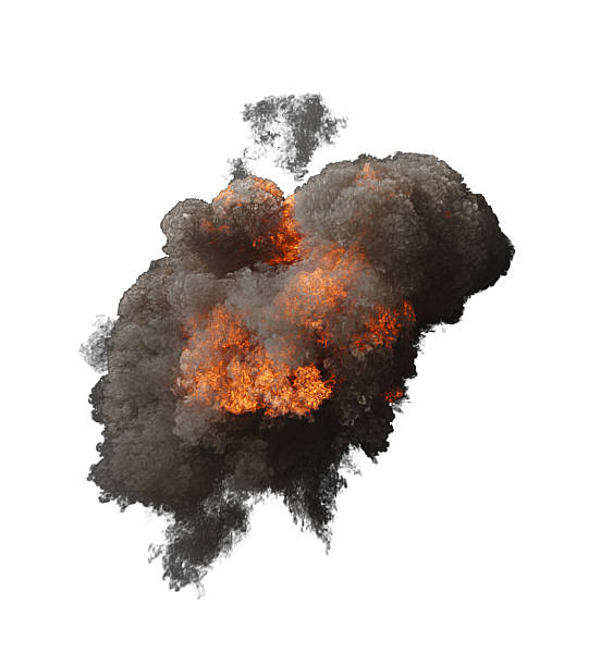 istock Isolated Large explosion with flames at its core and surrounded by thick and billowing dark smoke on white 2219456428