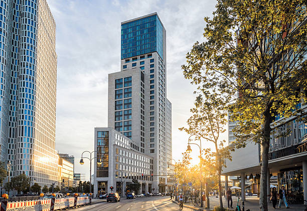 view on business towers in west Berlin at sunset