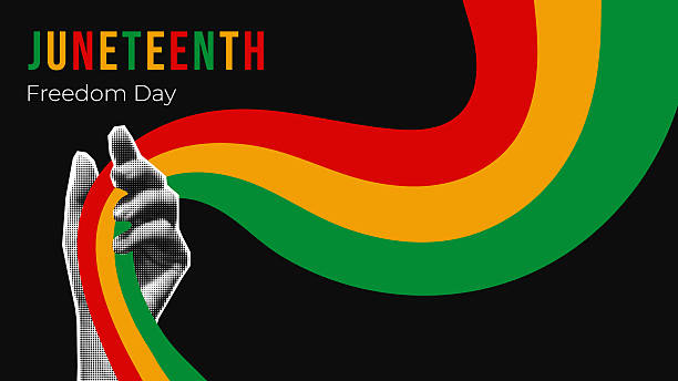 istock Collage in halftone human hand and Juneteenth flag wave on black background. African-American history and heritage month banner. 2219482642