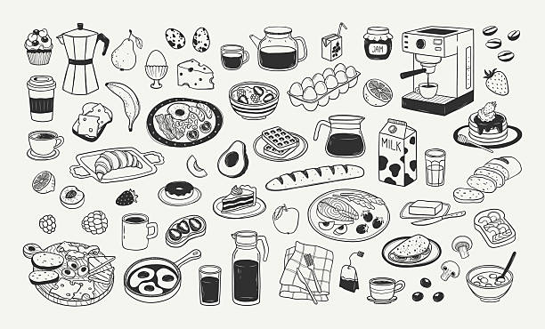 Hand drawn doodle set of different breakfast or brunch elements. Outline illustration of healthy morning food and drink in sketch style. Vintage linear design items for kitchen poster, print, menu