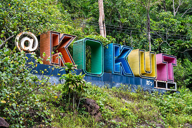 The vibrant 'Koh Kut' sign is situated amidst a rich green tropical background on Thailand's scenic Koh Kut Island, showcasing the area's welcoming and natural ambiance.