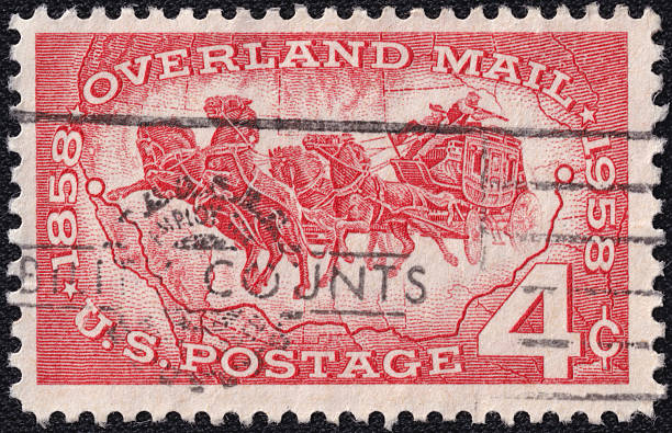 U.S. 1958 postage stamp commemorating Overland Mail Centenary. Features a postal horse-drawn stagecoach, symbolizing the early transportation of mail.