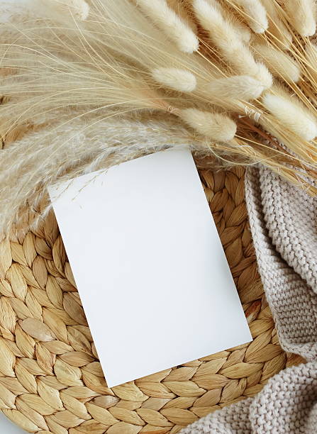 istock Card mockup empty blank paper and dry flowers in boho style background top view 2219491914