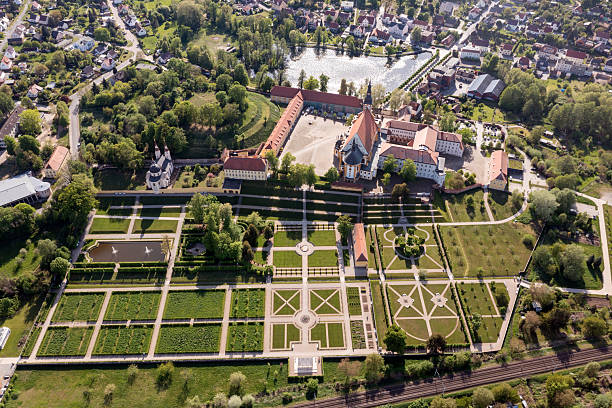 Aerial View from Cistercian monastery in Neuzelle. With a brewery, monastery pond and monastery garden. The town and monastery were founded in the 13th century. Neuzelle, Brandenburg, Germany