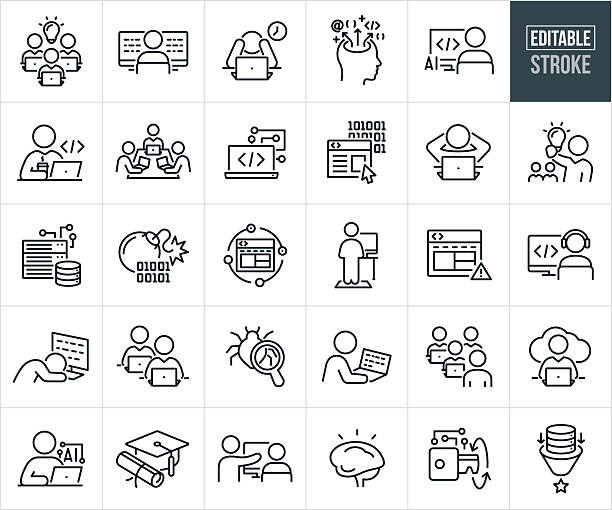 ilustrații de stoc cu pictograme cu linii subțiri - linie editabilă - pictogramele includ programator de computer, dezvoltator de software, software de calculator, dezvoltare de software, codare, coder, limbaj de programare, design, implementare, dezvoltare, dezvoltator, dezv - suprasolicitat