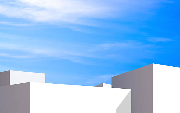 istock Backdrop Geometric White Podiums Step against Blue Summer Sky, Minimal 3d Platform Stand Background for Cosmetic Product Display Presentation, illustration 2219503270