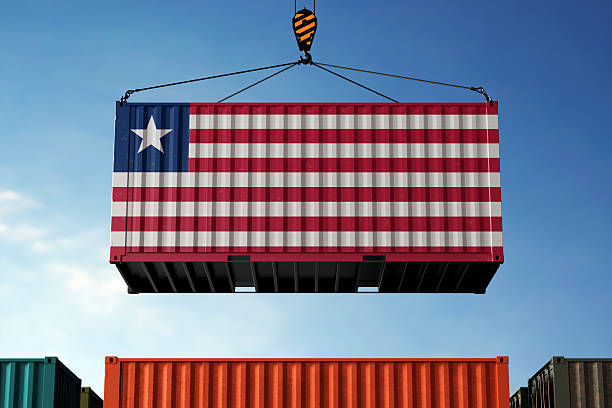 istock Liberia trade cargo container hanging against clouds background 2219515695