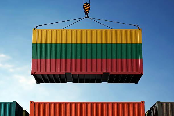 istock Lithuania trade cargo container hanging against clouds background 2219515712