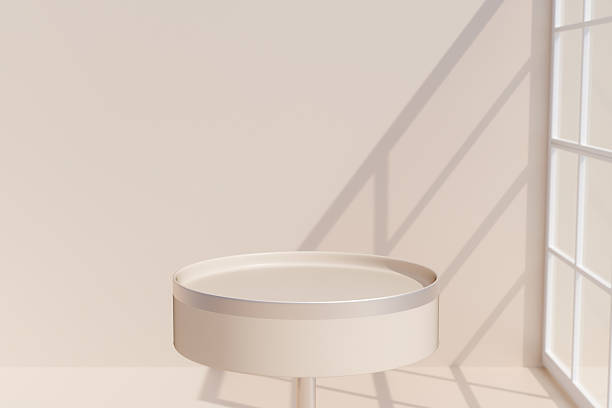 istock Round table for product demonstration against wall with shadows from window.3d rendering 2219516672