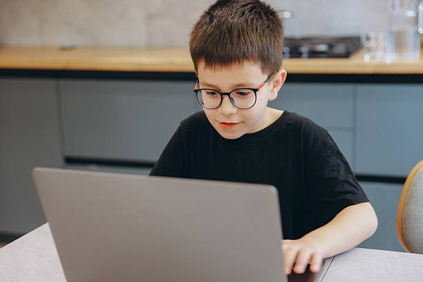 istock Young Boy Wearing Glasses Using Laptop at Home in Kitchen 2219519284