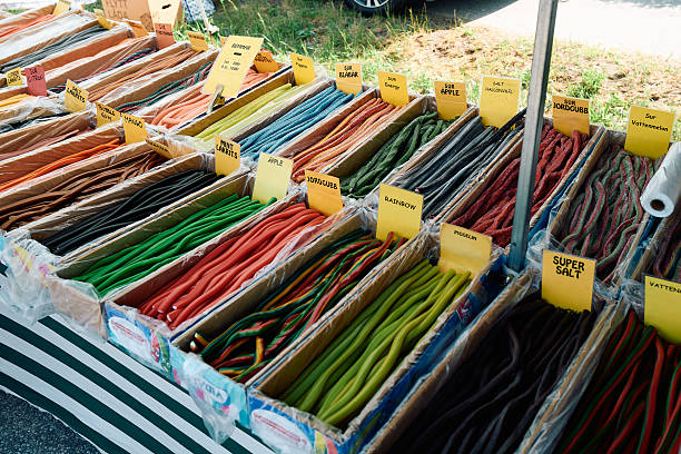 Swedish candy straps displayed on a general market.