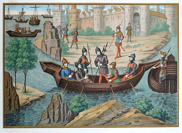 Medieval warfare, French crusader knights return to Acre after a raid on the Saracen fleet during the war between King Amalric I of Jerusalem and the Egyptians, 1160s.