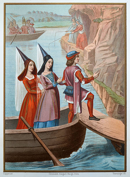 Medieval history, two women wearing Hennin cone headdress, disemaking from a boat with a man, in background they are fishing with rods , 15th century, Vintage illustration, Les Dames Marinieres, The Ladies Sailors