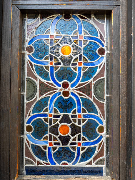 Sinaia, Romania - May 5 2025: Stained glass at Sinaia Monastery. The Monastery was founded in 1695 and named after the Sinai Monastery on Mount Sinai.