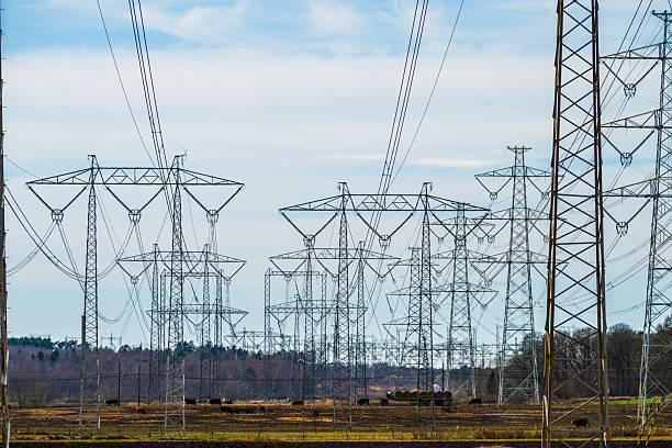 istock Multiple electrical power pylons in countryside landscape.. 2219529673