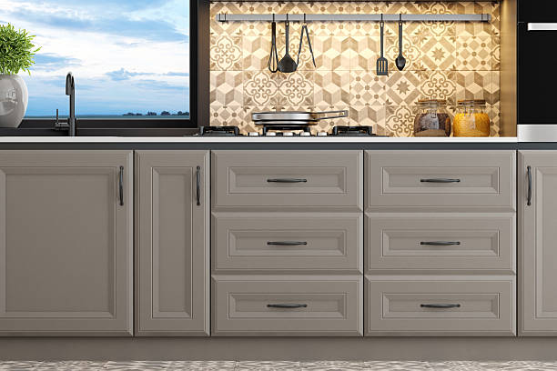 istock Modern Scandinavian Kitchen with Classic Beige Elements and Sea View 2219537152