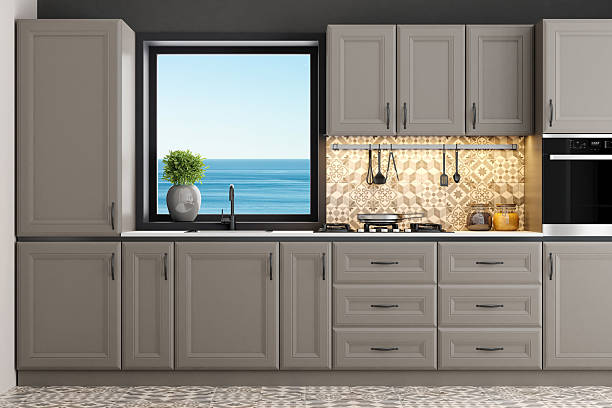 istock Modern Scandinavian Kitchen with Classic Beige Elements and Sea View 2219537155