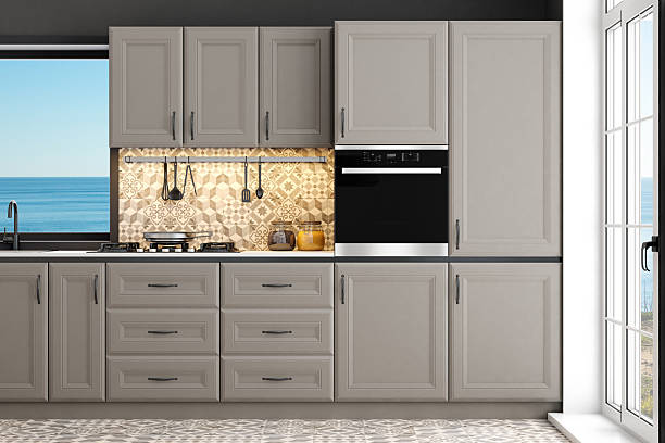 istock Modern Scandinavian Kitchen with Classic Beige Elements and Sea View 2219537201