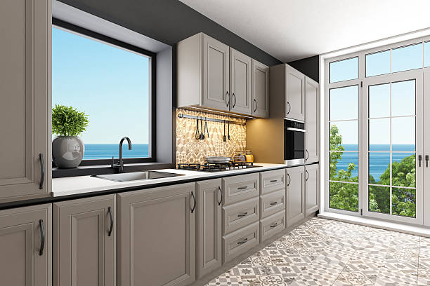 istock Modern Scandinavian Kitchen with Classic Beige Elements and Sea View 2219537249