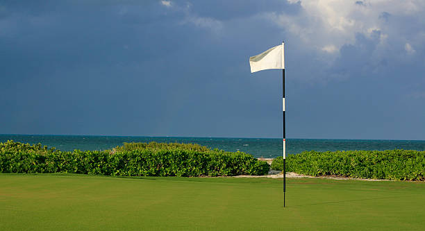 Golf flag and green at tropical Golf Resort.
