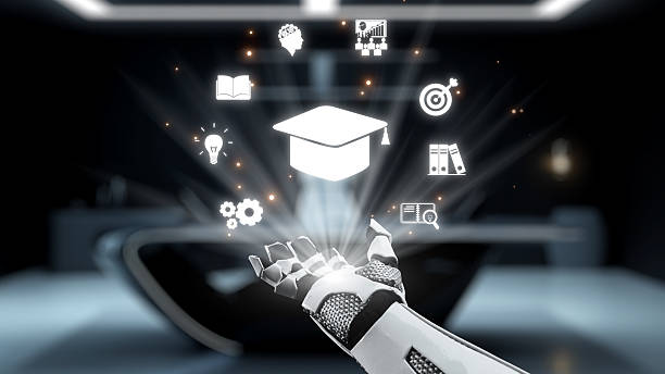 istock Robotic hand presenting educational icons in a futuristic setting, symbolizing technology and learning, with digital graphics shining in a modern environment.. Auvana 2219559975