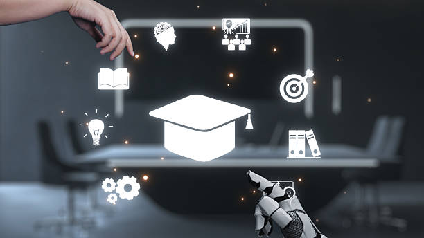 istock Futuristic Education Concept with Robotic Hand and Digital Symbols Representing Knowledge and Innovation in Modern Classroom Environment. Auvana 2219560635