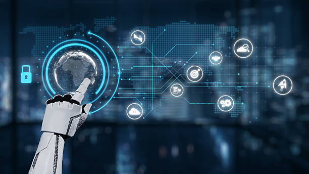 istock Futuristic Robot Hand Interacting with Digital Globe and Technology Icons in Modern Urban Environment at Night for AI, Innovation, and Global Connectivity Themes. Auvana 2219560683