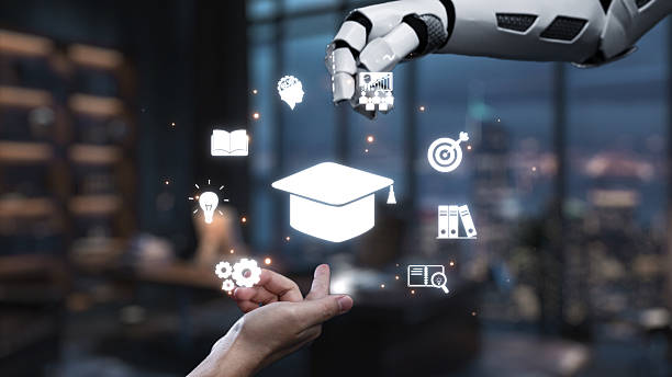 istock Futuristic Robotic Hand Interacting with Educational Icons Representing Learning, Growth, and Innovation in a Modern Workspace Environment. Auvana 2219560714