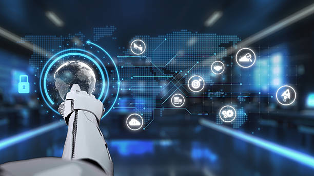 istock Futuristic Robot Hand Reaching for a Global Network with Digital Icons Representing Technology, Communication, and Security in a Modern Environment. Auvana 2219560798