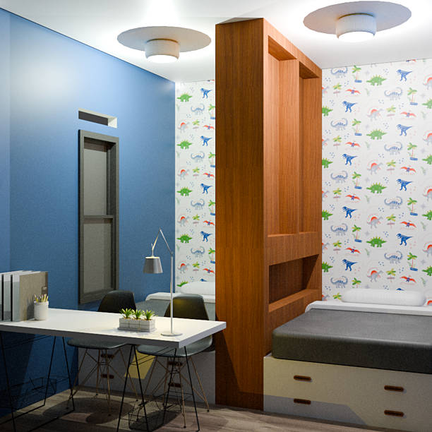 istock Modern Children's Bedroom with Dinosaur Wallpaper and Study Desk 2219570305